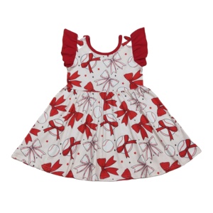 ชุดเดรสเด็กผู้หญิงลายโบว์เบสบอลสีแดงสำหรับฤดูร้อน รุ่น GSD3456 ความยาวระดับเข่า ลายทาง แขนบานสไตล์อีสเตอร์ ขายส่ง - Product Image 1