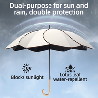 Parapluie droit haut de gamme OEM personnalisé avec logo, UPF50, 8 baleines, coupe-vent, manche en bois, bordure en forme de pétale de fleur, pour femmes et jeunes filles en déplacement