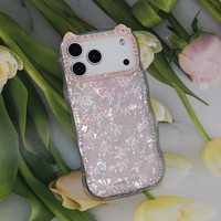 Coque de téléphone irisée en forme de cœur avec nœud, cadre d'appareil photo en strass oreilles de chat, bord ondulé transparent pour iPhone 11 12 13 15 16 17 Pro Max