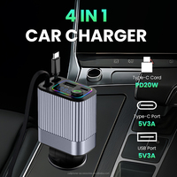 Station de charge rapide pour voiture avec chargeur de téléphone 15W, lumière RGB rétractable, 2 câbles Type-C, adaptateur rapide ignifuge
