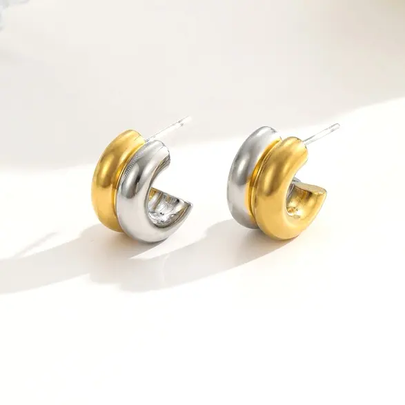 Unique Water Resistant Jewelry Stainless Steel Gold Plated Two Tone Hoops CC Shaped Chunky Hoop Earrings