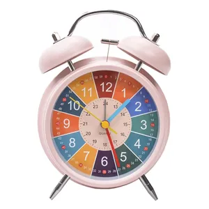 4 inch Early Education Learning Dual Ring Round Alarm Clock Student Metal Alarm Bell 5AA Battery Power with Nightlight
