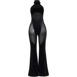 Combinaison moulante personnalisée pour femme 2026, noire, en maille, à col licou, transparente, avec découpes et pantalon évasé, tenue de club - Product Image 4