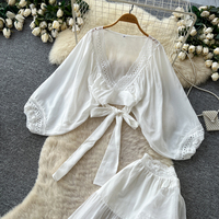 Ensemble jupe deux pièces pour femme, printemps-automne, avec dentelle, col en V, taille nouée, manches bouffantes et volants asymétriques, idéal pour le bureau