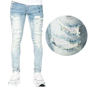 Popular <b>Slim</b> Fitting Custom Rhinestone logo <b>Patch</b> Distressed Men Wash Jeans - Product Image 1