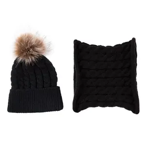 2023 kids fur ball pom beanie and scarf set children winter warm knitted pom hat scarf for baby