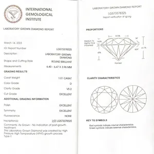 Hpht IGI GIA Certificate 0.5ct 1ct 1.5ct 2ct 3ct Wholesale Lab Created Diamond HPHT CVD Lab Grown Diamond