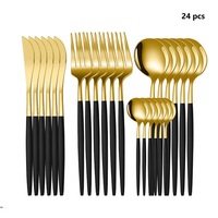 Dingyong OEM/ODM – Ensemble de couverts de luxe 24 pièces, écologiques et durables, finition miroir, en acier inoxydable noir et or, style vintage