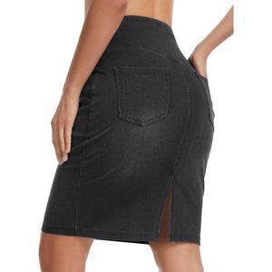 FOXA Jupe en jean taille haute pour femme, longueur genou, coupe slim, style crayon, avec fente arrière et poches - Product Image 1