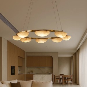 Modern Round Gold <b>Chandelier</b> With Marble Shades LED Pendant <b>Light</b> For Living Room And Dining Area - Product Image 1