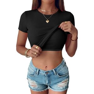 Womens Short Sleeve Ribbed Knit <b>Crop</b> <b>Top</b> Built In Bra Slim Fitted Crewneck Summer Casual Basic Tee Clothes - Product Image 1