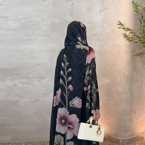 2025 Dubai Luxury Dark Blue Floral Print <strong>Chiffon</strong> Muslim Open <strong>Abaya</strong> With Matching Hijab Loose Modest Outfit - Product Image 4