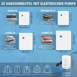 Sacchetti <span class=keywords><strong>Sottovuoto</strong></span> <span class=keywords><strong>Riutilizzabili</strong></span> Confezione da 20 con Pompa Elettrica Salvaspazio Organizzatore per Vestiti - Product Image 4
