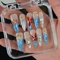 Ongles à presser de luxe bleus, forme stiletto, longs, avec paillettes, effet ombré, fleurs, coquillages et perles, 10 pièces, couverture complète pour ongles à presser