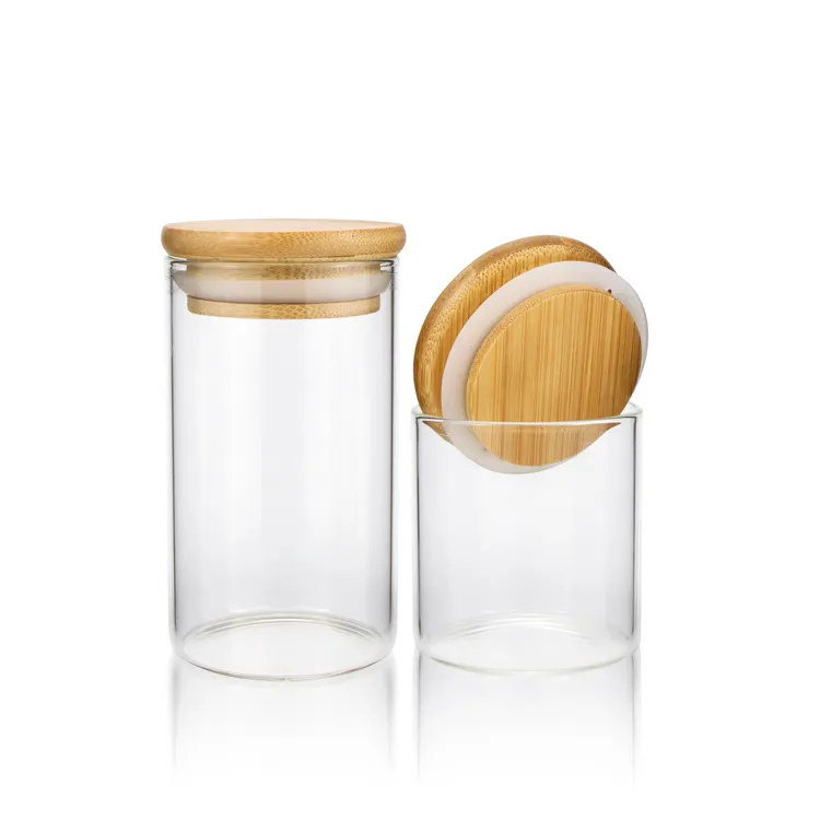 Holesale-tarro de vidrio transparente para almacenamiento de alimentos, contenedor de bambú para almacenar alimentos y dulces de 150 ml, 200ml