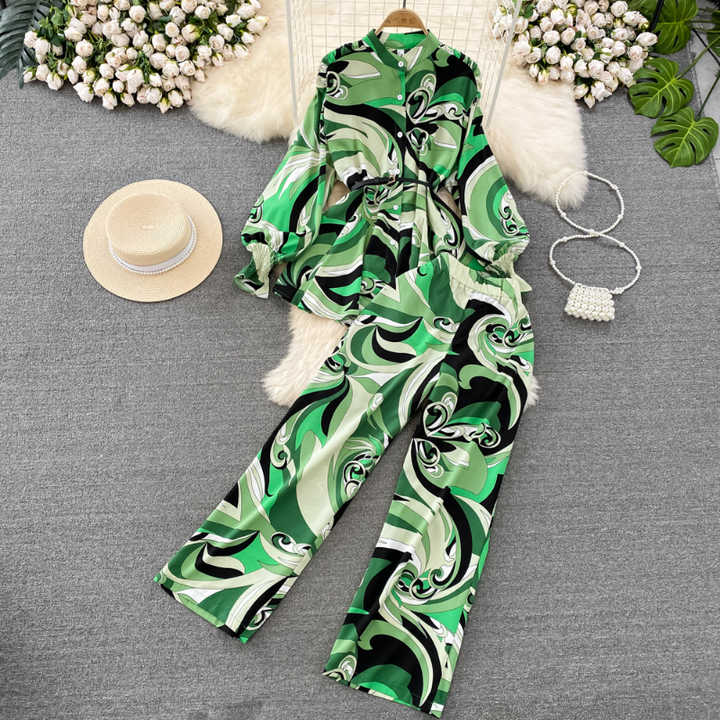 2pcs Women's Dress Suits Fashion Loose Printed Long Sleeve Top And High Waist Long Skirt