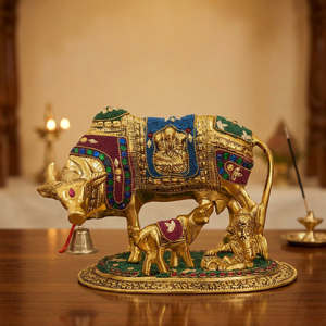 Statue artistique en aluminium de vache et de veau avec texture de pierre rustique pour la décoration de salon et la décoration intérieure traditionnelle - Product Image 1