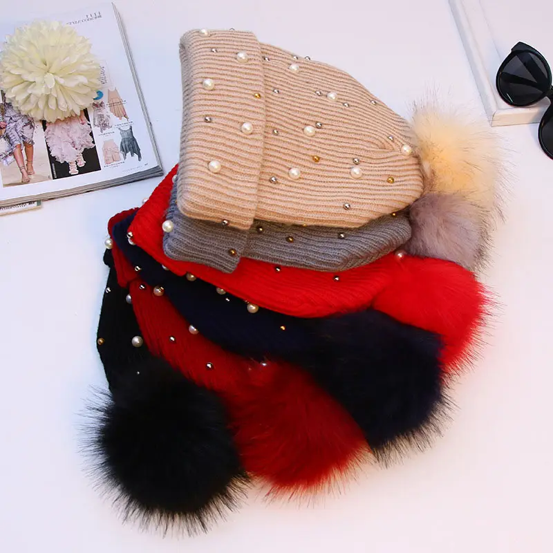 2021 New Arrive Winter Wool Knitted Beanie Women Fur Pompom Hat Female Rhinestones Pearl Warm Hat