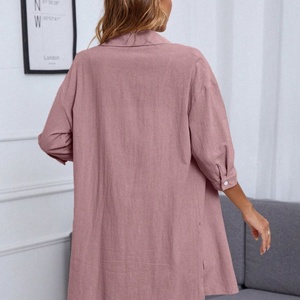 Conjunto de Dos Piezas de Moda 2025 para Mujer, Camisa Casual de Manga Larga con Cuello Camisero y Pantalones Cortos Casuales de Algodón y Lino - Product Image 2