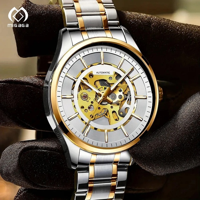 Custom logo Gold Skeleton Watch Japanese Movement Classic Waterproof Automatic Skeleton Watch Men