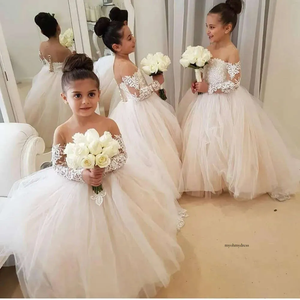 Illusion Puffy Lace Lovely Flower Girl Vestidos para bodas Vestidos de graduación <span class=keywords><strong>Manga</strong></span> larga Niños Cumpleaños Vestido de comunión - Product Image 1