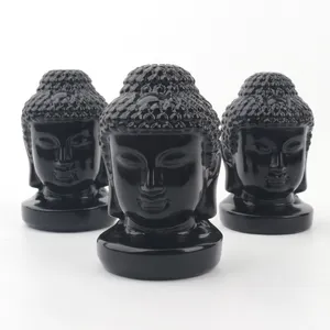 Grosir Batu Kristal Ukiran Alam Penyembuhan, Hewan Ukiran Kristal Hitam Kepala Buddha Obsidian untuk Kerajinan