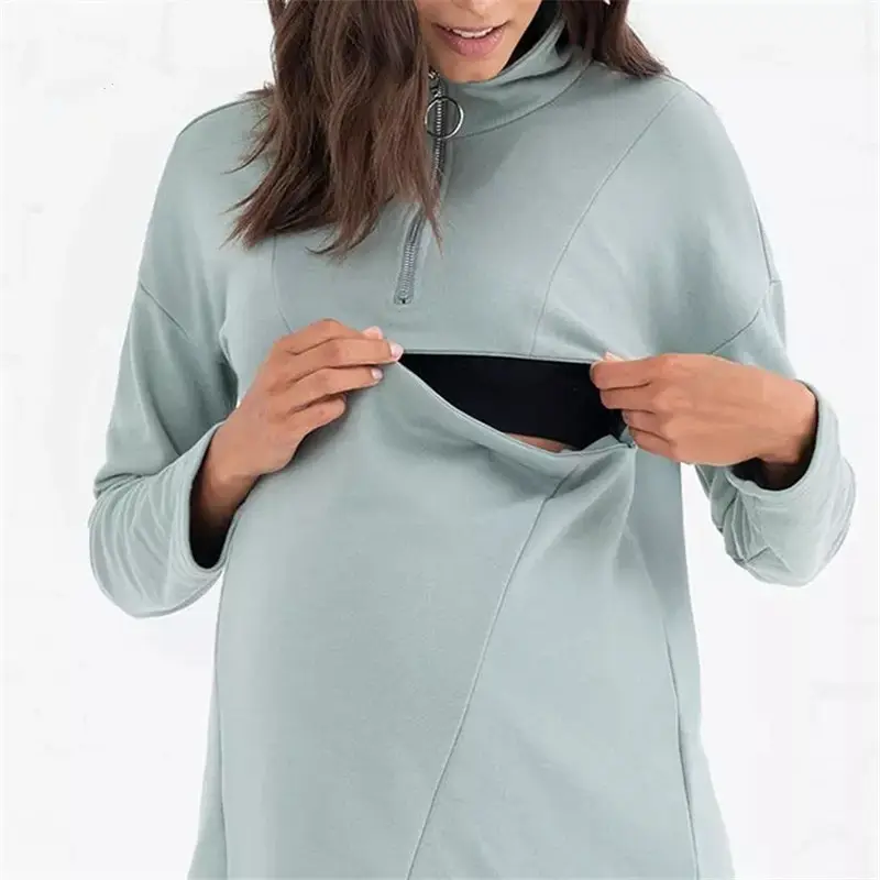 卸売マタニティ服コットンフリーススタンドカラー1/4ジッパー看護スウェットシャツ女性マタニティ母乳育児セーター