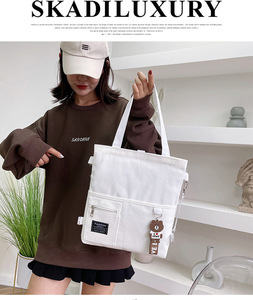 Logotipo personalizado Reutilizável Canvas Tote Bag com bolso e Zipper Messenger Shoulder Design Padrão dos desenhos animados para compras - Product Image 5