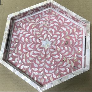 Plateau en bois flexible fait à la main avec incrustation de nacre, style bohème - Ramadan Eid Mubarak, plateau de service de luxe pour boissons et dattes - Product Image 3