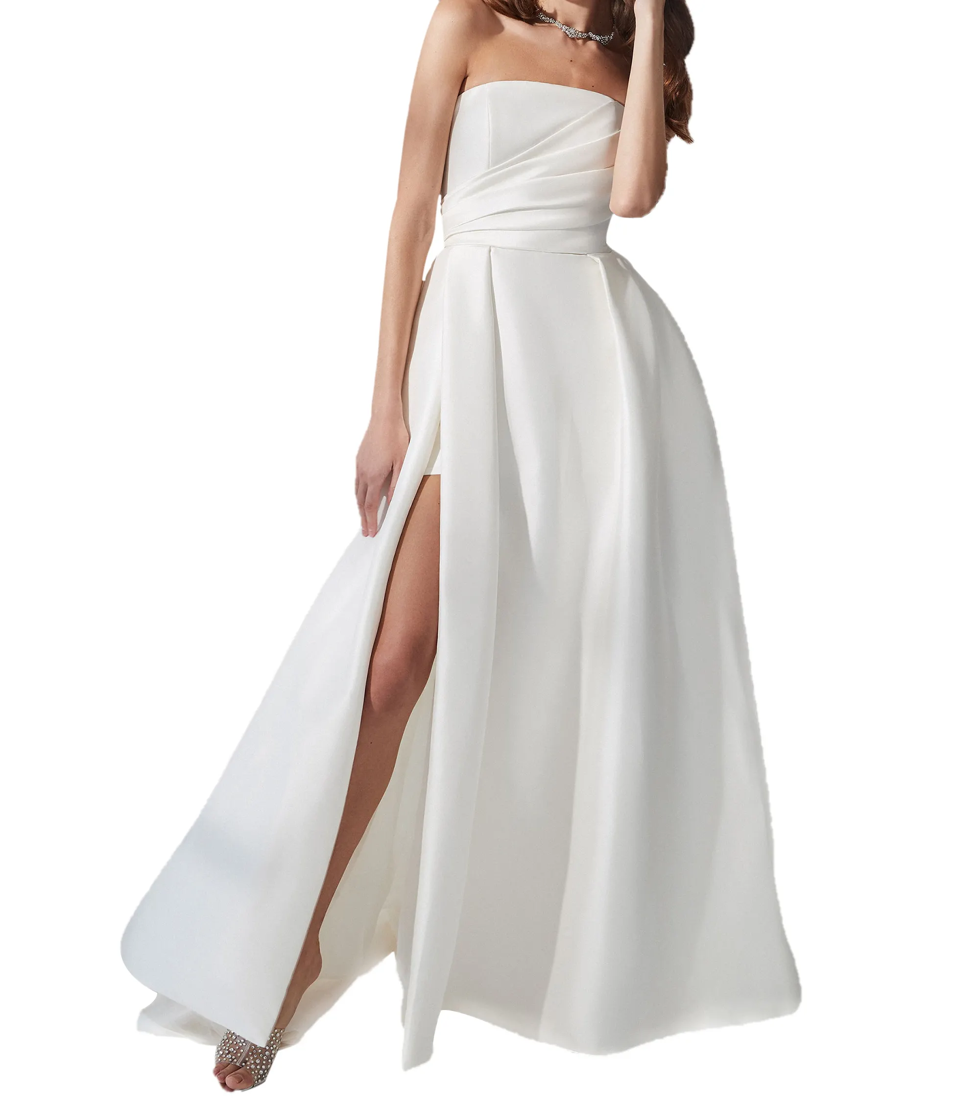 Wedding Dresses Simple Strapless Strech Mikado Gown with Asymmetric Pleating and Slit Backless OEM Women