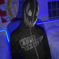 Sweat à capuche personnalisé en coton éponge français à fermeture éclair complète 100% Fabricant vérifié Street Wear Démon Visage Imprimé Strass Détail