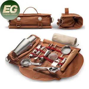 EA264 Roll up custom waxed canvas tool bags handle bar cocktail bartending equipment set professional travel bartender kit bag