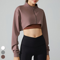 Veste de course courte et ample col montant fermeture éclair complète vêtements de sport à manches longues hauts de sport vestes de fitness veste de yoga pour femmes