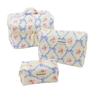 3 Piece Set Cosmetic Bags Custom Logo Blue Floral Zipper Quilted Cotton Women Cosmetic Makeup Make Up Toiletry Pouch Bag
