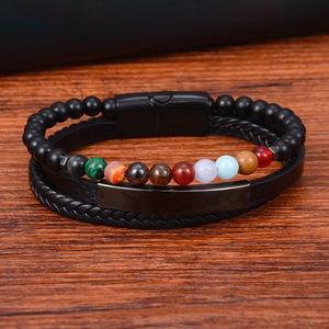 Men's Titanium Steel Leather <b>Bracelet</b> <b>Beaded</b> Magnetic Buckle Woven Genuine Leather 7.5 8.5 9 Inches Gift Jewelry - Product Image 2