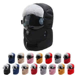 Windproof Mùa Đông Trooper Trapper Bomber Hat Với Tai Flap Facemask Kính
