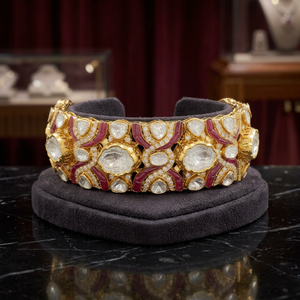14K Gold-Plated Polki Diamond Noor Half <b>Bangle</b> <b>Bracelet</b> In Talaf Setting With Red Accents Party Jewellery For Women - Product Image 2