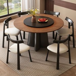 Mesa de comedor redonda de madera maciza de Estilo Vintage moderno con bandeja giratoria Diseño circular compacto para apartamentos u hoteles - Product Image 1