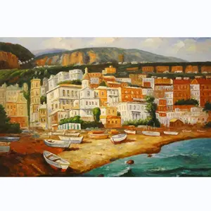 100% 手绘油画油画壁画艺术地中海意大利门廊五渔村托斯卡纳法国咖啡馆艺术油画