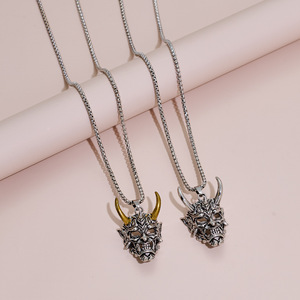 Collier pendentif masque style japonais pour homme, crâne fantôme en argent tibétain, dessin animé, cadeau d'horreur, bijoux, chaîne en or blanc - Product Image 1