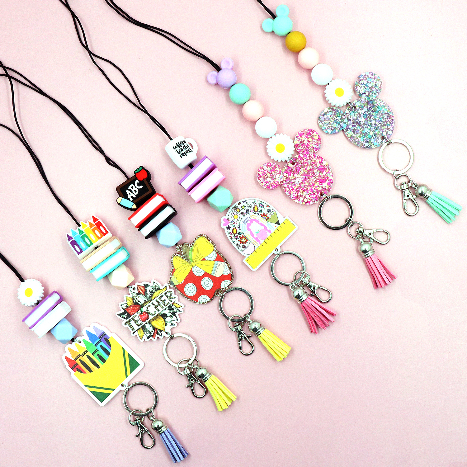 Personalized Beaded Teacher Lanyard For Keys Or ID Badge With Glitter Acrylic Crayon Apple Mouse Head Design-Cute Teacher Gift