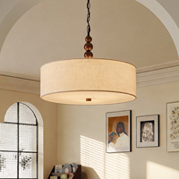 Lustre LED Tambour Moderne en Lin Bio avec Triple Orbe en Bois et Chaîne Réglable pour Grand Salon ou Salle à Manger