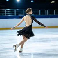Robe de patinage artistique noire asymétrique à manches longues transparentes avec strass pour enfants et adultes, pour compétitions et spectacles sur glace
