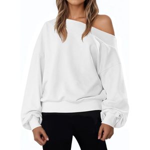 Fisoew Sudadera de mujer con hombros descubiertos, de manga larga, holgada, con mangas abullonadas, blanca, informal, tipo jersey - Product Image 1