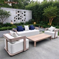 Ensemble de canapés d'extérieur en teck massif, canapé 3 places avec 2 fauteuils simples, coussins imperméables, meubles de patio pour villa, hôtel