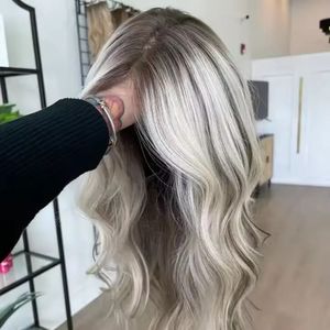 <span class=keywords><strong>Parrucca</strong></span> Premium Grigio Ombré con Frontale in Pizzo, Miscela di <span class=keywords><strong>Capelli</strong></span> Umani, Biondo Argento Lunga Ondulata per Donna - Product Image 5