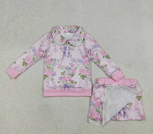 ชุดเสื้อผ้าเด็กผู้หญิงแขนยาวลายดอกไม้สีชมพู กระโปรงระบาย กางเกงขาสั้น - Product Image 3