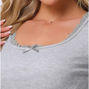 Pyjama deux pièces côtelé pour femmes, avec bordure en dentelle, manches courtes, col en U, short à taille élastique, vêtements <span class=keywords><strong>de</strong></span> nuit en coton doux pour la peau - Product Image 4