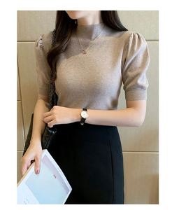 Großhandel Frauen Mädchen Short Puff Sleeve Einfarbig Stehkragen Strick Slim T-Shirt Sweater Tops <span class=keywords><strong>Eng</strong></span> anliegende Strickwaren - Product Image 6