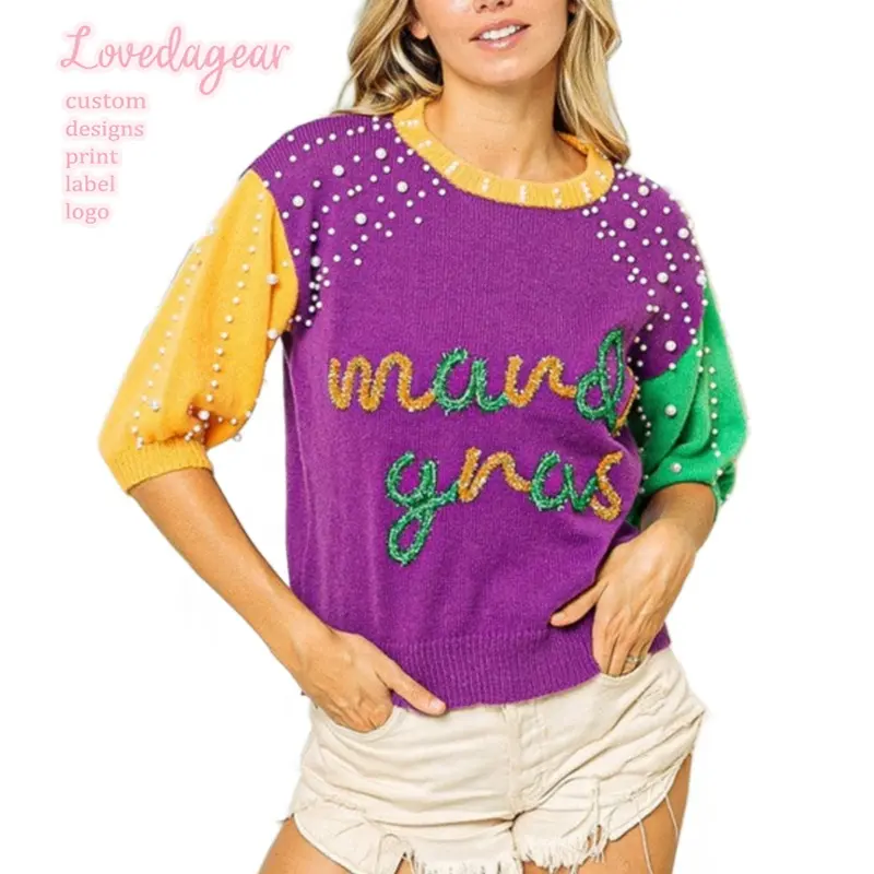 Loveda Custom mardi gras apparel Pearl T Shirt Color Block half sleeve Top Sweater sweatshirt For Women